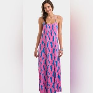 Vineyard Vines Maxi Dress - Pink and Blue Palm Leaf Pattern - stretch back